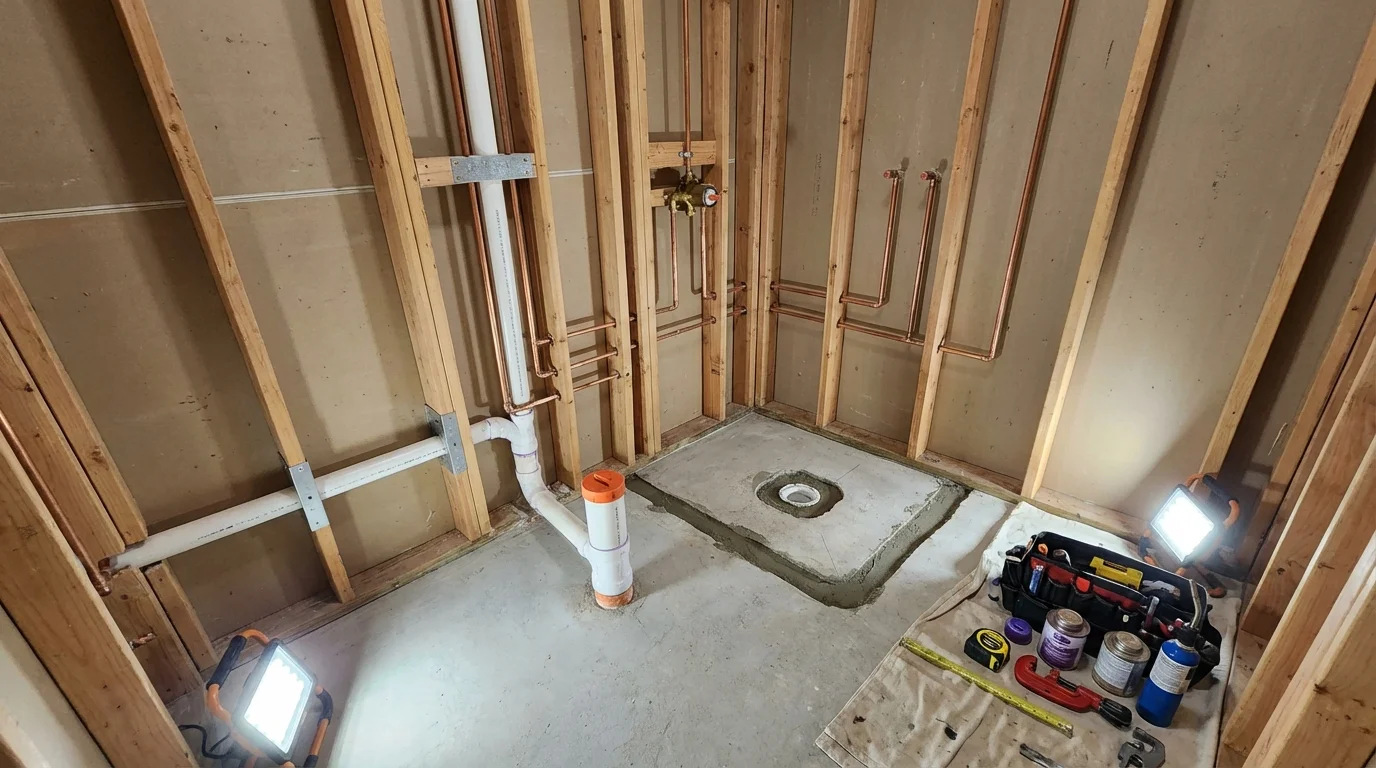 Bathroom rough-in plumbing during remodel by Johns Plumbing LLC in La Crosse