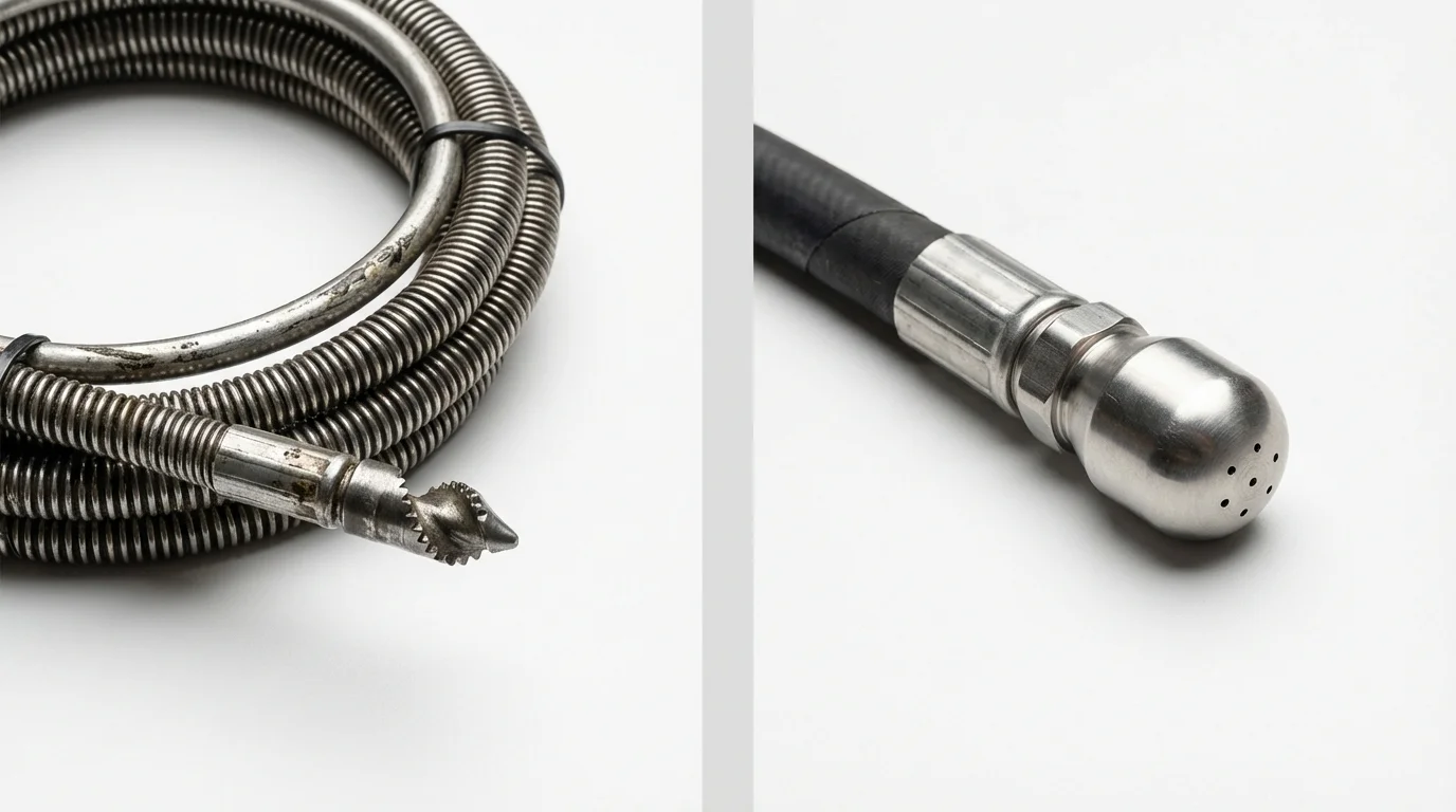 Drain snake cable and hydro jetting nozzle used for drain cleaning in La Crosse, WI