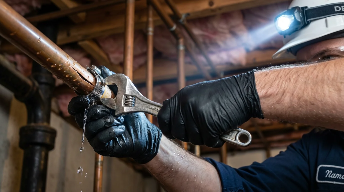 Emergency pipe clamp repair being performed by a Johns Plumbing LLC plumber in La Crosse