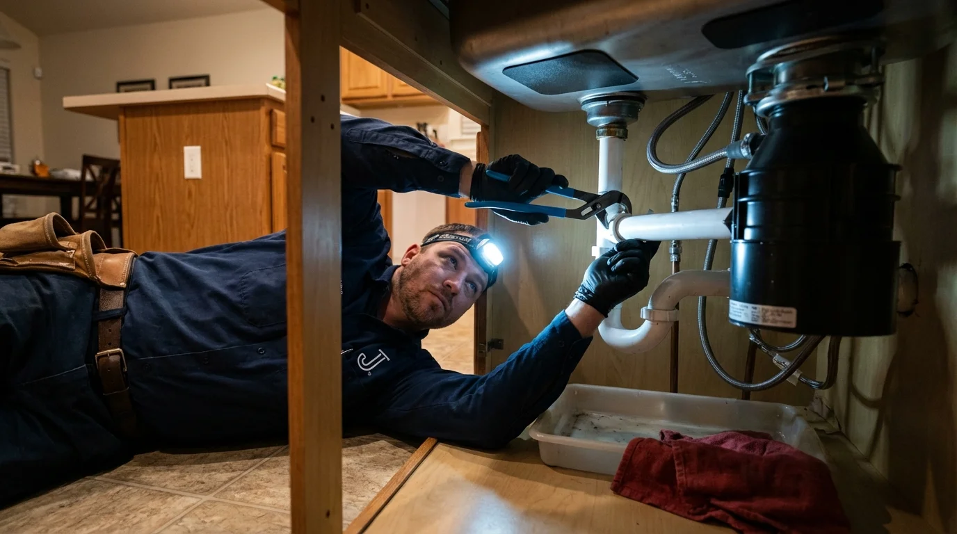 P-trap and supply line connections under a kitchen sink showing a common leak point in La Crosse, WI